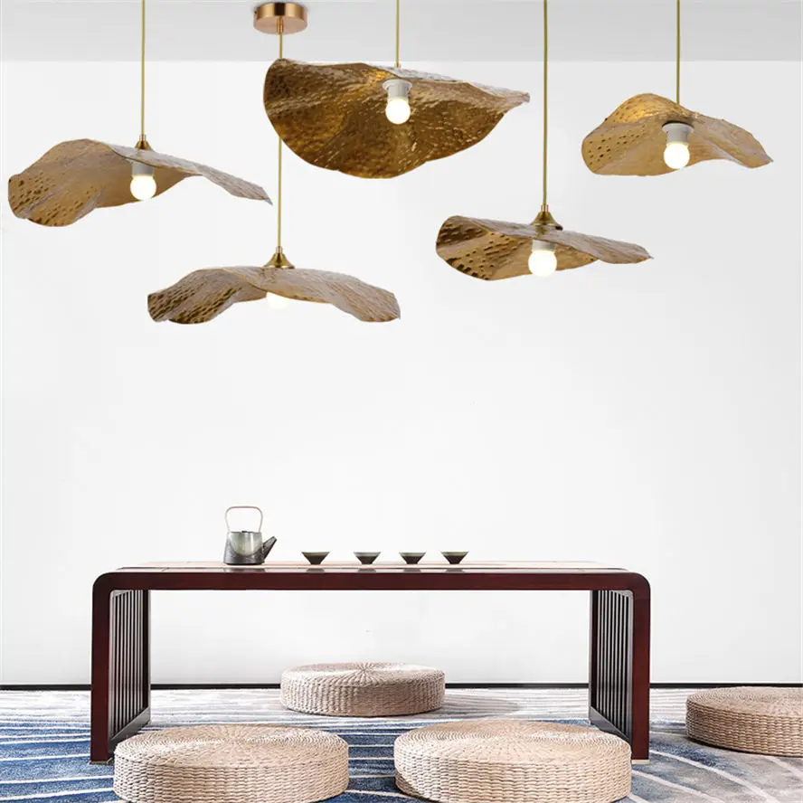 

chinese style gold Lotus leaf metal pendant lights for restaurant dining room art deco loft hanging lamp hall led fixture e27