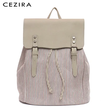 

CEZIRA Women Large Canvas Backpack Ladies Fashion PU Leather Shoulder Bag Girls School Bag Stripe Drawstring Flap Femal Knapsack