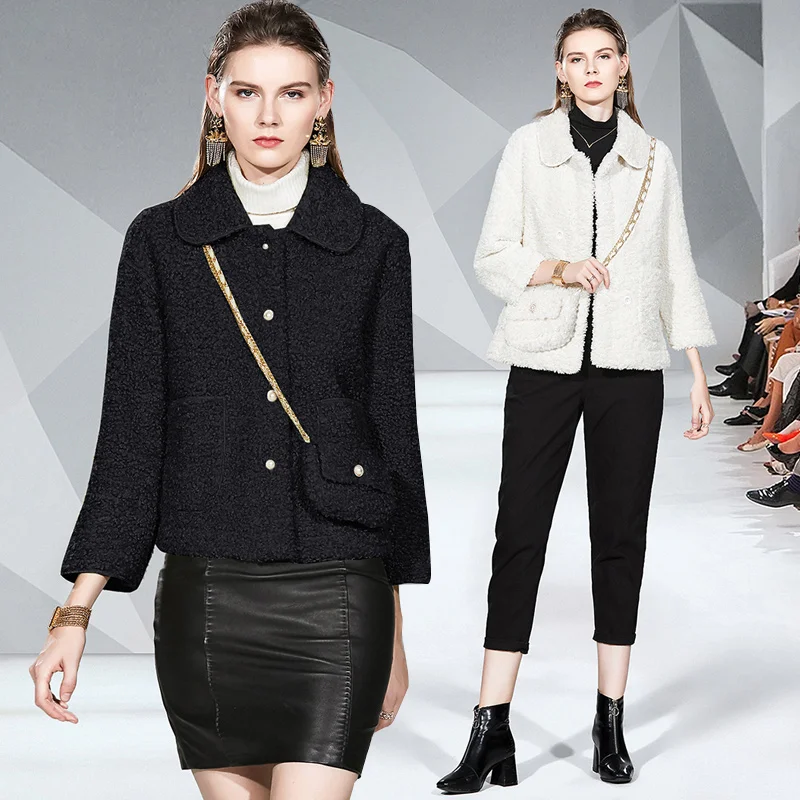 AIBEILING Wool short coat fashion baby collar single breasted tricolor coat Satchel