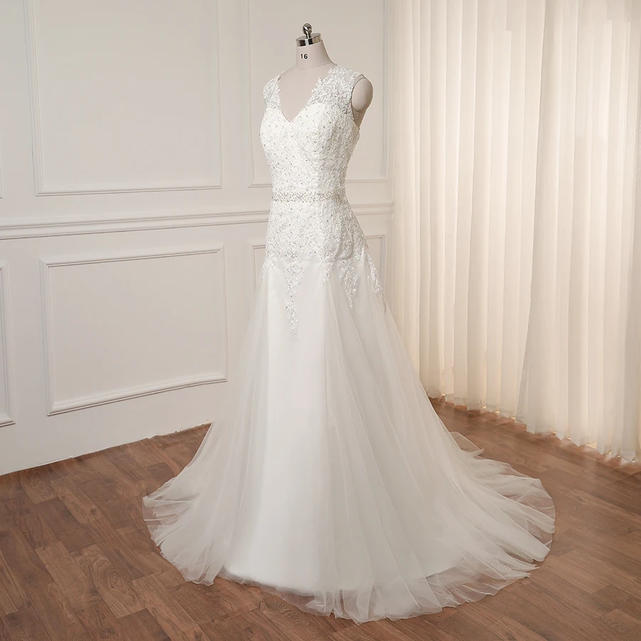 ADLN свадебное платье Vestido De Noiva с рукавом-крылышком и аппликацией из бисера, Тюлевое свадебное платье для невесты, платье на молнии сзади