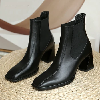 

Chelsea Ankle Boots Women Cow Leather Boot Pointed Toe Metal Shoes Female Fashion Party High Heels Shoes Ladies 2020 Autumn New