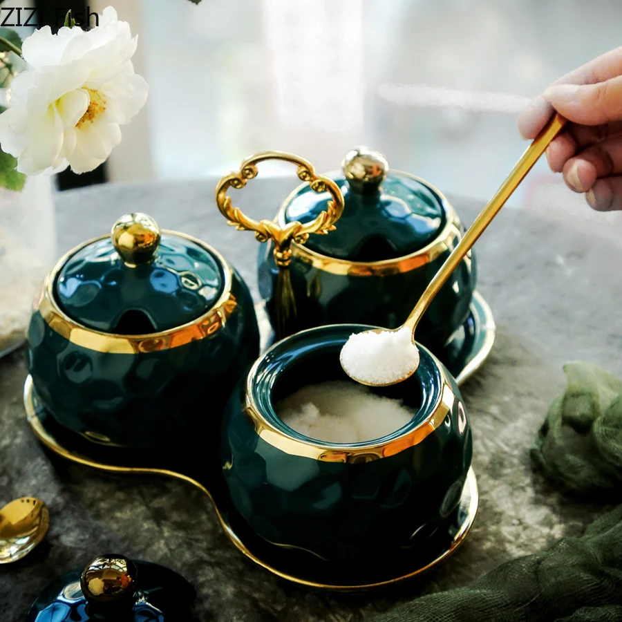 Творческий нордический драгоценный камень зеленый узор керамические кухонные баночки для приправ набор деревянное покрытие солонка баночка для специй кухонные аксессуары