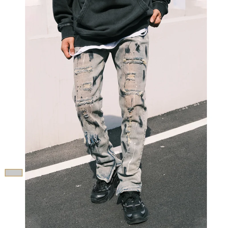 High Street Ripped Men's Jeans Streetwear Graffiti Straight Pants Korean Punk Loose Washed Denim Trousers Male Oversize Clothes 2