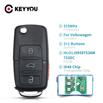 

KEYYOU Car Remote Key For VW Volkswagen Beetle Golf Passat Jetta 315Mhz ID48 Chip 1J0959753AM 2000-2006 Control Flip Key Fob