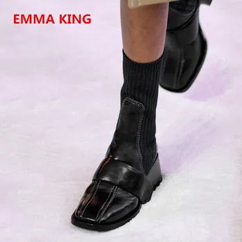

2019 New Leather Knitting Patchwork Sock Boots Women Square Toe Chunky Medium Heels British Ankle Boots Slip-On Runaway Booties