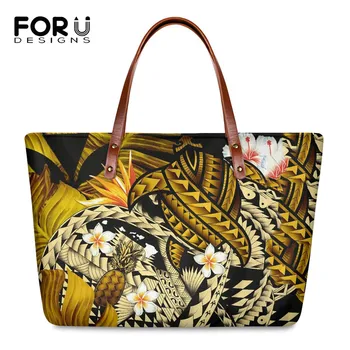 

FORUDESIGNS Luxury Women Party Handbag Hawaiian Pineapple Banana Leaves Turtle Tattoo Yellow Pattern Ladies Large Shoulder Bag