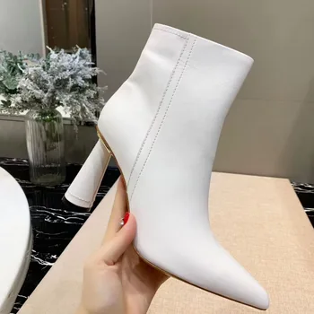 

Genuine Leather Ankle Boots Round High Heel Pointed Toe High Heel Formal Shoes Women White Black Short Boots