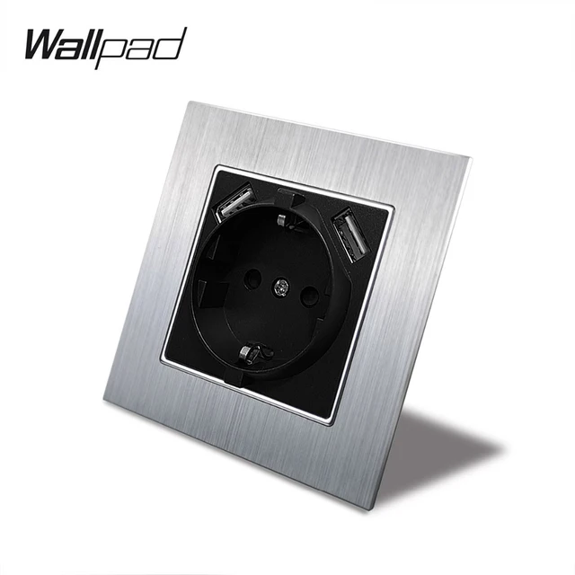 Double EU Schuko Power Socket with Double USB Charging Ports 5.1DC 2.1A For EU Round Box Wallpad 156*86mm EU Outlet with USB 1 Metal Silver Black