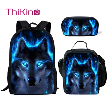 

Thikin Moonlight Wolf School Bags for Boys 3pcs/set Students School Supplies Preschool Backpack Bookbag With Lunch Boxes Satchel