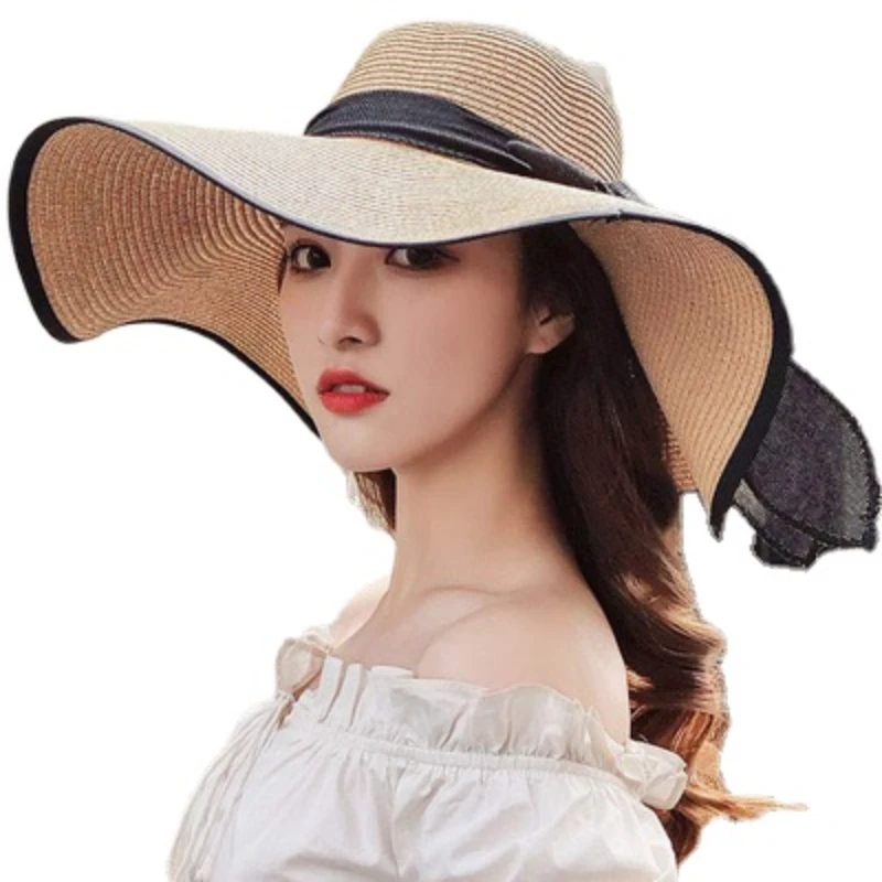 Big Head Circumference Solid Color Wide-brimmed Summer Hat Big-brimmed Straw Hat and Travel Seaside Sun