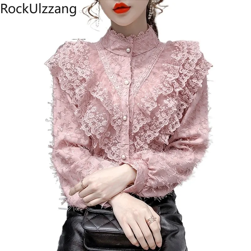 Жемчуг Роскошные Длинные Blusas корейский стиль лоскутные офисная рубашка для