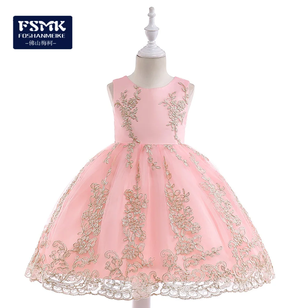 Europe And America GIRL'S Gown Gauze Embroidered Princess Dress Gold Embroidery Girls Wedding Dress Dresses of Bride Fellow Kids