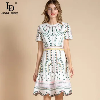 

LD LINDA DELLA Fashion Runway Summer Holiday Dress Women Short Sleeve Hollow out Embroidered White Cotton Dress vestidos