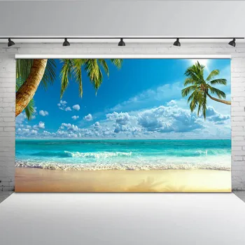 

Mehofoto Sandy Beach Photo Backdrops Blue Sky and Sea Summer Holiday Background for Photography Sun Wave Coconut Tree G-598