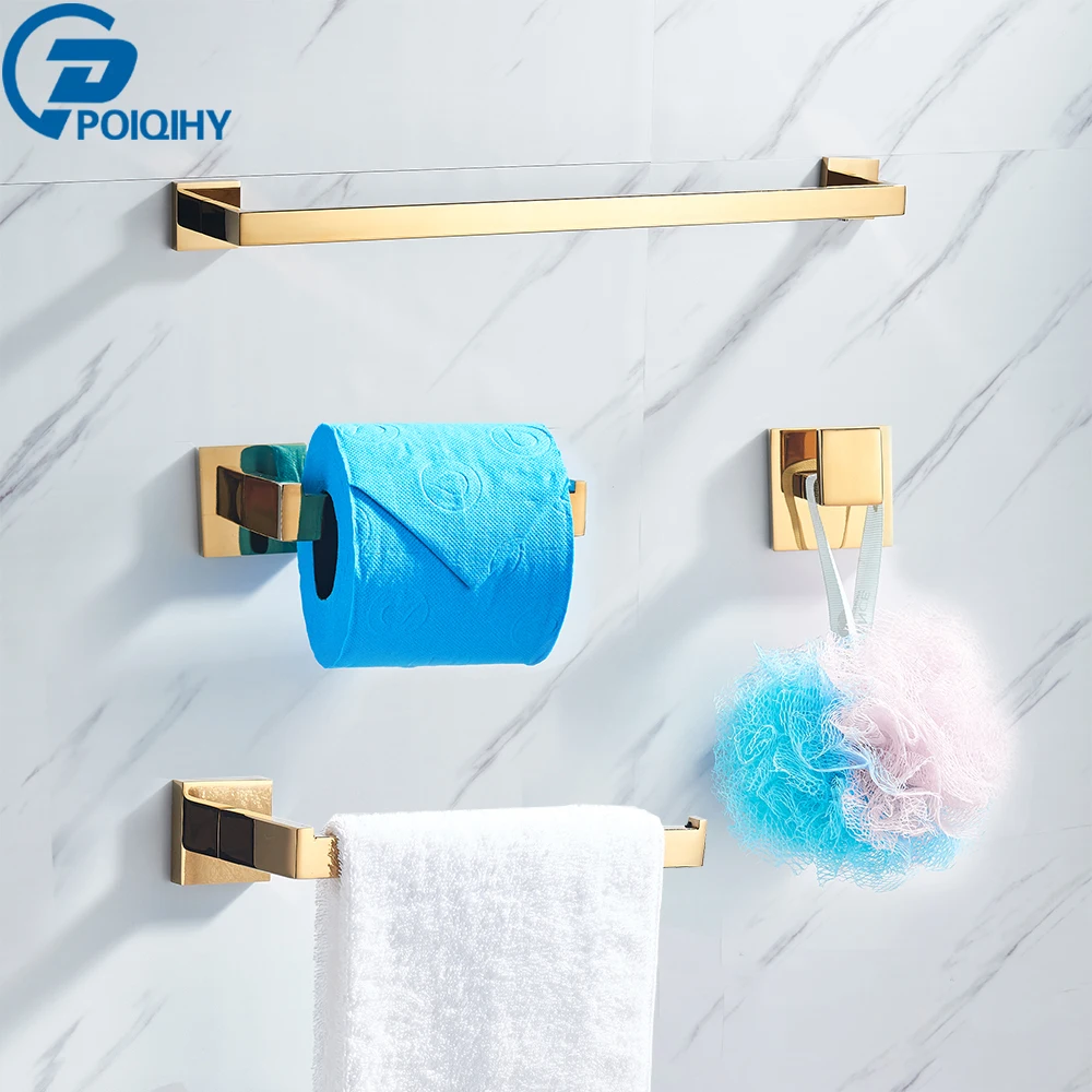 POIQIHY Gold Bathroom Accessory Set Robe Hook Towel Bar Toilet Roll Paper Holder Towel Ring Wall Mounted SUS304 Stainless Steel bathroom accessories