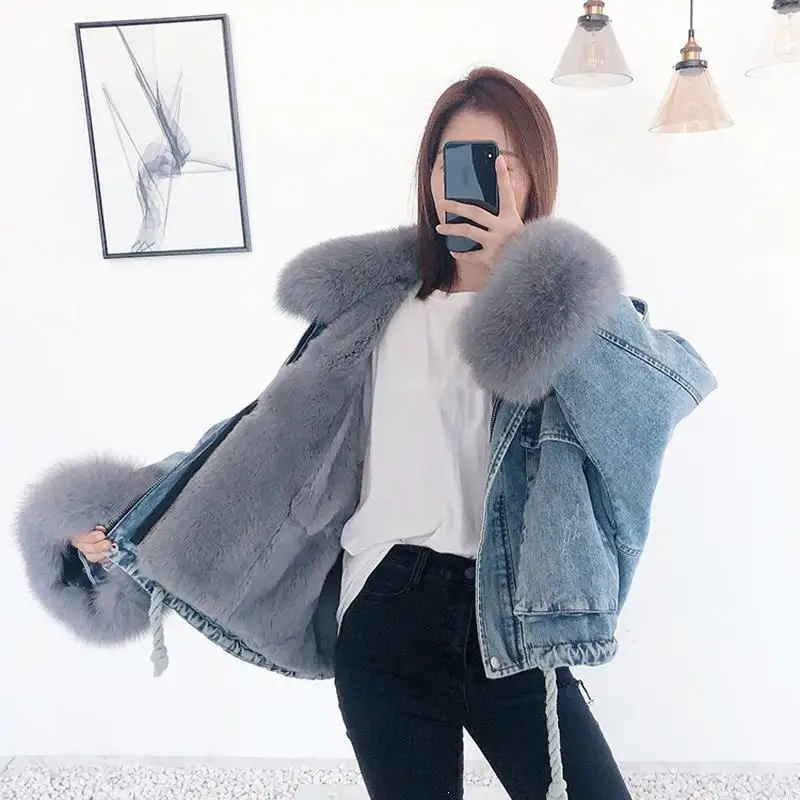 Finest  Fox Fur Collar Denim Jacket Winter Women Loose Overcoat Short Fur Coat Jeans Removable Rabbit Fur L