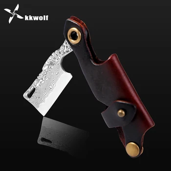 

KKWOLF Damascus Folding Knife Mini Razor Outdoor Camping Portable Key Pocket Knife Multi-purpose Exquisite EDC Leather Handle