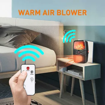 

Desktop Remote Control Adjustable Temperature Timing Home Mini Multifunctional Plug In Wall Fan Flame Heater Bedroom Electric