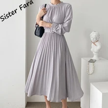 

Sister Fara Elegant O-Neck Pleated Dresses for Women's Spring High Waist Solid Draped Dress Autumn Ladies Lace Up Casual Dress