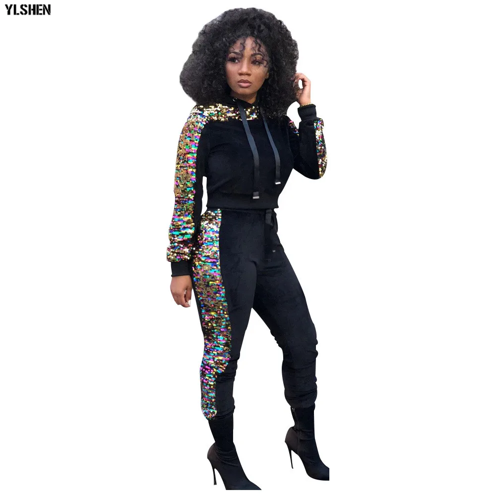 2 Two Piece Set Velvet Tracksuit Women Sexy Sequins Jogging Femme Plus Size Long Sleeve Tops +Pants Sweat Suits Matching Sets 13