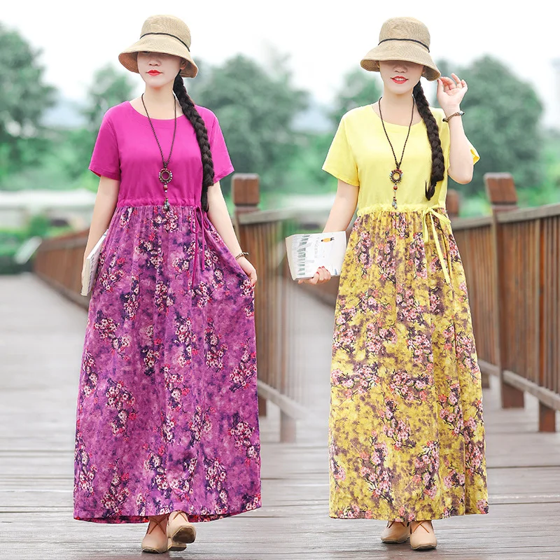 

Photo Shoot Summer Literature And Art Cotton Linen Contrast Color Joint Travel Dress Drawstring Waist Adjustable Slimming Long S