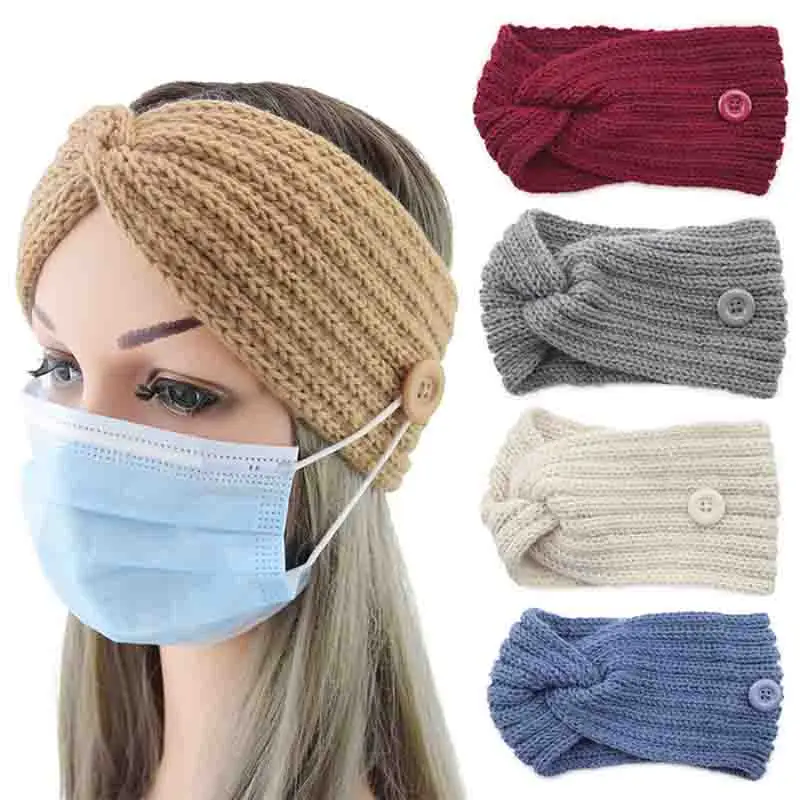 

Autumn Winter Hair Accessories Women Headband Solid Color Cross Head Wrap Handmade Button Hairbands Knitting Woolen Warmer Ear