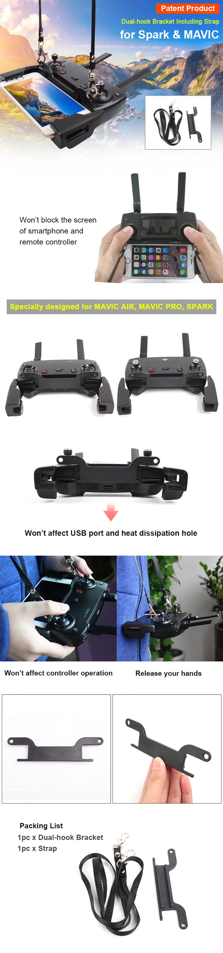 Sunnylife DJI Mavic Air Drone Remote Controller Dual-hook Buckle Bracket Mount + Neck Strap for DJI Spark DJI Mavic Pro Platinum (21)