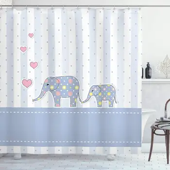 

Elephant Nursery Shower Curtain Baby Shower Themed Cheerful Newborn Celebration with Pastel Toned Striped Polyester Fabric Bath