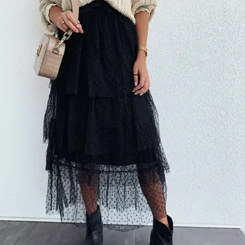 

Women Lady Tulle Mesh Skirt Elastic High Waist Layers Pleated Maxi Long Skirts Fashion Irregular Swing Skirts Casual Clothes
