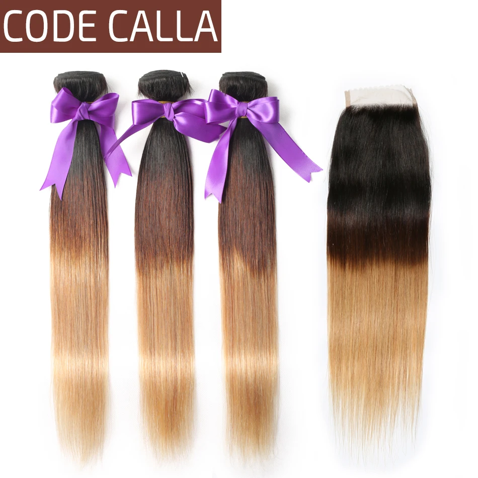 

Code Calla Peruvian Remy Bundles With Closure 4*4 Lace Closure Straight Hair 6A Ombre Color Human Hair Extension For Africa