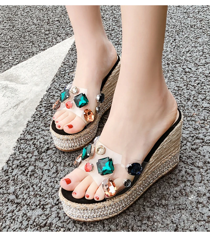 Цвет стразы Тапочки Для женщин каблуки; Espadrilles; женские летние туфли на платформе Дамская мода шлепанцы без задника с открытыми пальцами на высоком каблуке, под платье сандалии