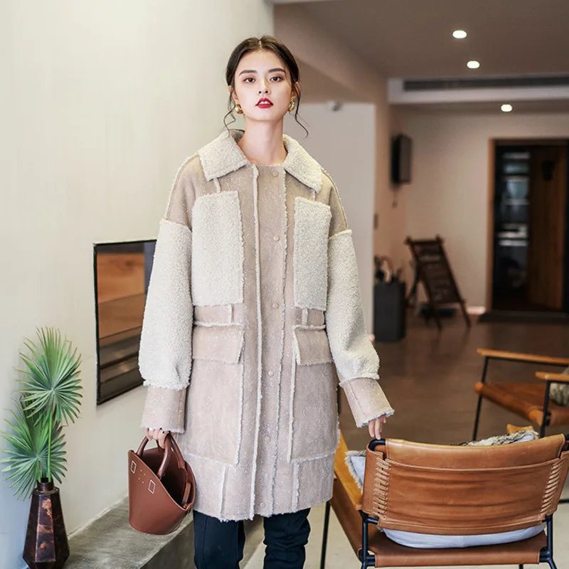 Fashion Tide New Contrast Lamb Coat Female Korean Version Of The Long Section Over The Knee Fur One Warm Deerskin Coat PB795