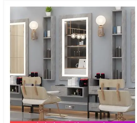 Barber's mirror table hanging wall solid wood cabinet mirror LED lamp marble ironing and dyeing