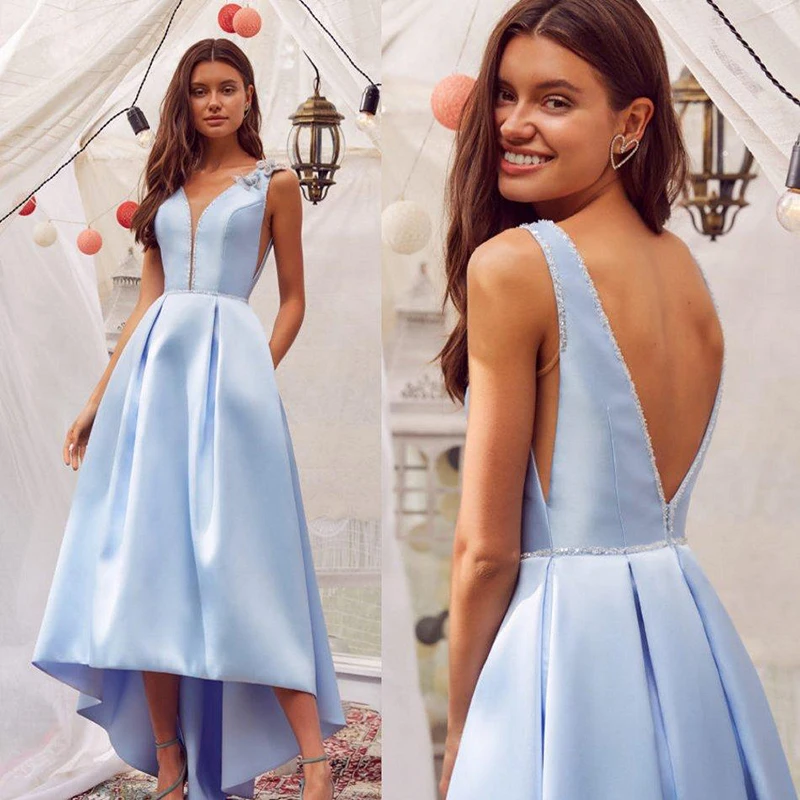 

High Low Evening Dresses V Neck Floral Appliqued Beaded Sleeveless Prom Dress Backless Ruffle Custom Made Sky Blue Formal Gown
