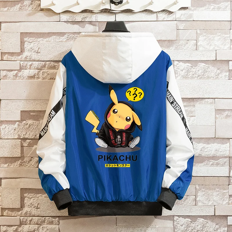 Blue LES KOMAN весна осень новая мужская куртка Покемон Пикачу печати Casul Уличная С Капюшоном сращивания спортивные пальто Верхняя одежда S-5XL - Цвет: Blue
