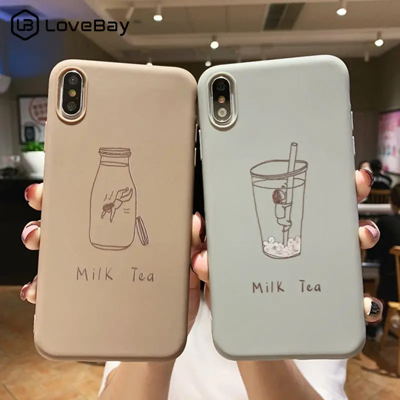 

Lovebay Milk Tea Bottle Case For iPhone 7 8 6 6S Plus Silicone Phone Cases For iPhone X XR XS Max Couples Letter Soft TPU Cover