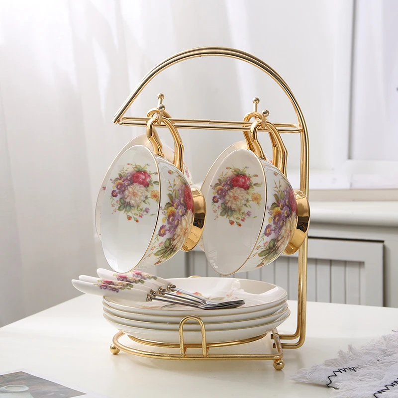 4Cups n Holder Пасторальный цветочный костяной фарфор чайная чашка блюдце ложка набор 200 мл кафе керамическая кофейная чашка элегантная Современная фарфоровая чайная чашка Прямая поставка - Цвет: 4Cups n Holder