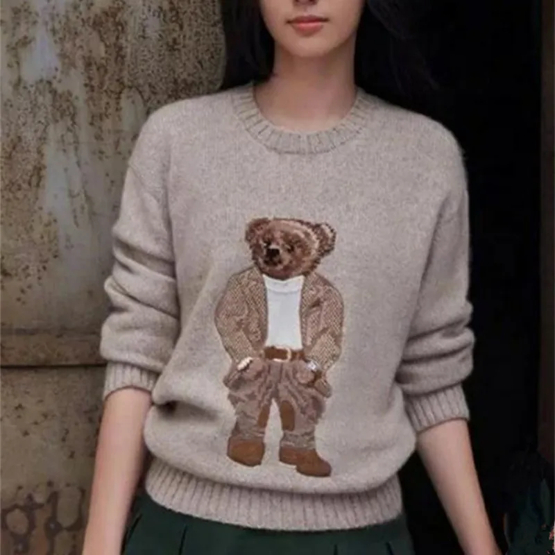 

2020 Winter Women's Sweater Fashion Khaki Thick Warm Cartoon Bear Jacquard Knitted Sweaters Women Pullover Jumper