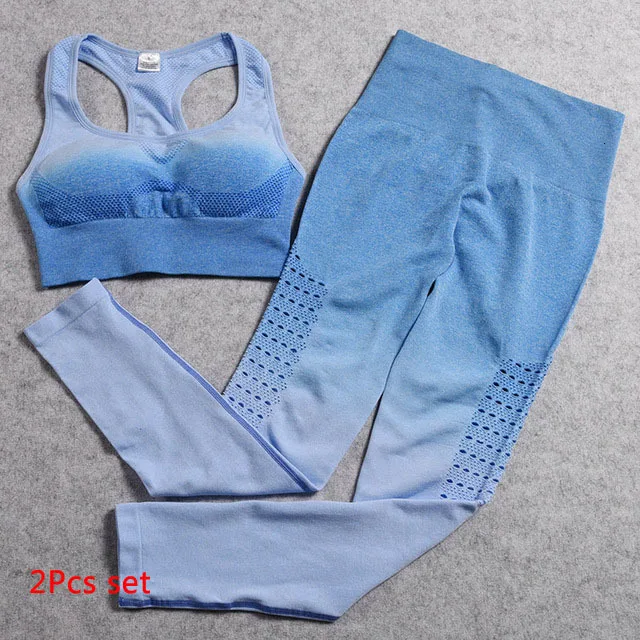 Blue 2Pcs set 2 шт. эффектом деграде(переход от темного к Бесшовные Йога Комплект женский спортивный костюм фитнесс Одежда Для женщин тренировки комплект спортивная одежда с вырезами, для спортивного зала, леггинсы, комплект спортивной одежды - Цвет: Blue 2Pcs set