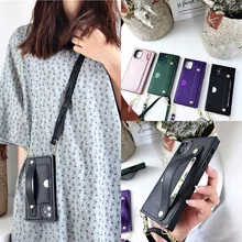 Case for iphone 11 pro xs max xr x 7 8 6 6s plus se 2020 cover wallet card shoulder strap leather wristband holder phone bag cap