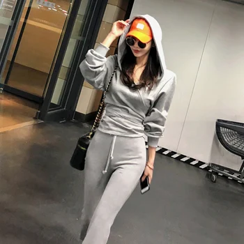 

Women Autumn Tracksuit Grey Pant Set Long Sleeve Sashes Hoodies Sweatshirts + Long Pants Women Two Piece Set Outfits Sportswear
