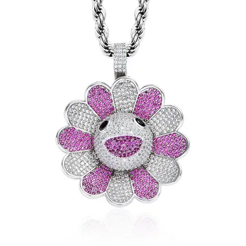 

Hip-Hop Pendant Murakami Sun Flower Pendant Micro-Set Zircon Colorful Flower Rotatable Popular Stainless Steel Chain Jewelry