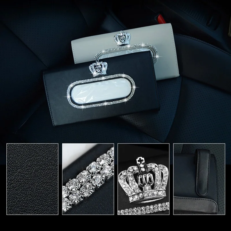Fashion Crown Crystal Car Tissue Box Sun Visor Leather Auto Tissue Bag Sunvisor Hanging Holder Case Napkin For Car Accessories
