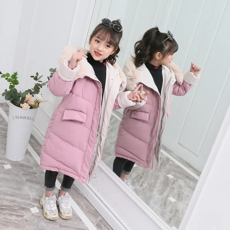 Детская зимняя пуховая хлопковая куртка г. Новая модная одежда для девочек детская одежда толстая парка зимний комбинезон с меховым капюшоном, верхняя одежда, пальто - Цвет: pink
