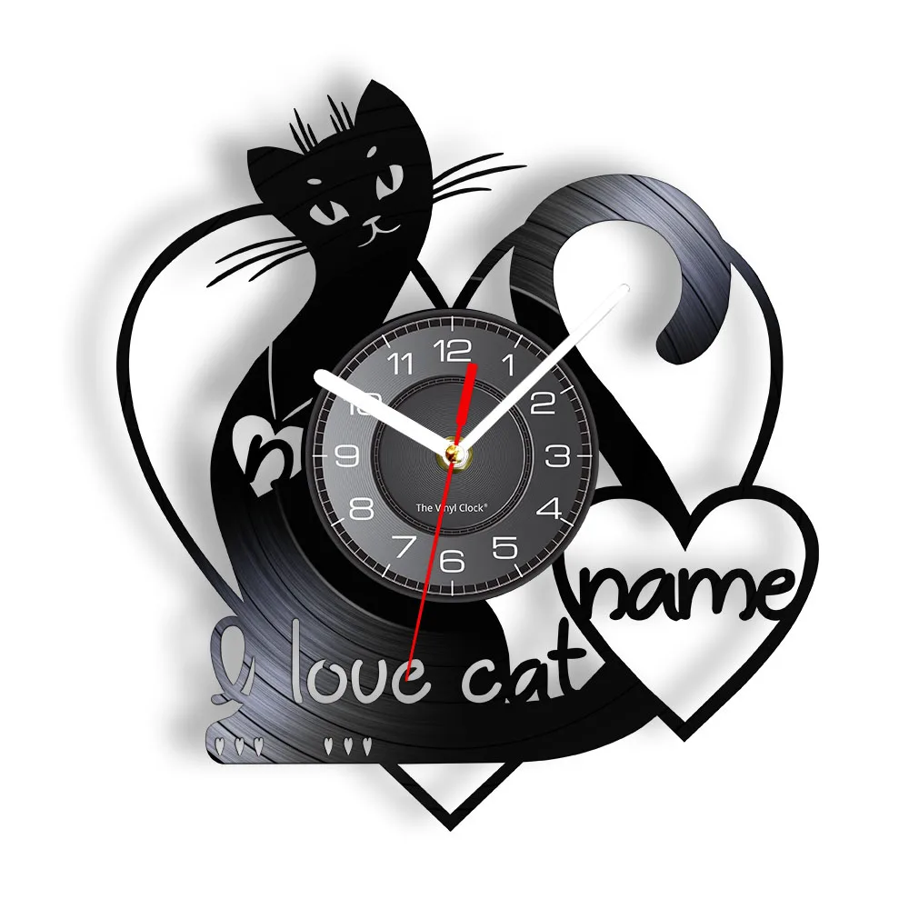 I Love Cat Custom Name Vinyl Record Wall Clock Pet Lovely Kitty Home Decor Meow Kitten Album Personalized Laser Cut Out Watch | Дом и сад