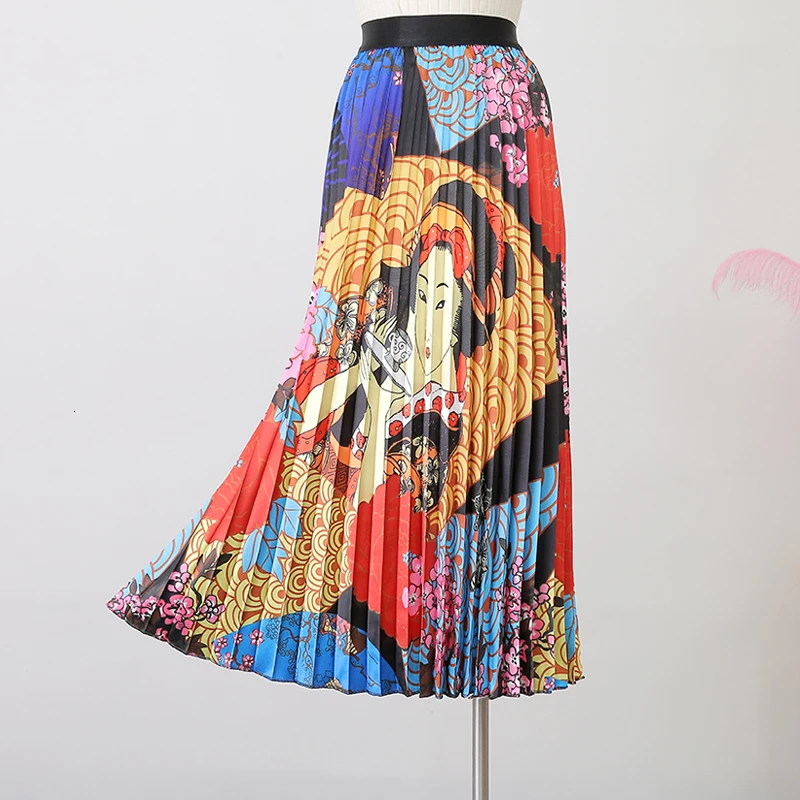Юбка новая Женская Ретро Высокая талия была тонкая печатная Органическая дикая плиссированная юбка