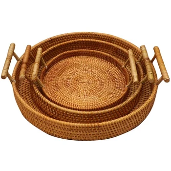 

3PCS Rattan Picnic Basket Storage Basket Portable Binaural Rattan Basket Snack Fruit and Vegetable Storage Basket