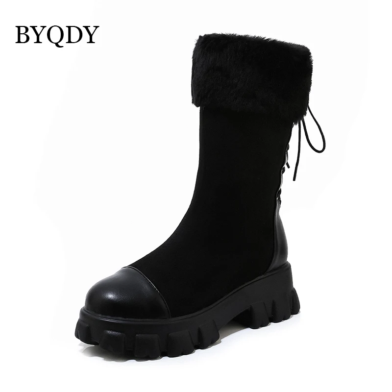 BYQDY New Thick Heels Lace Up Snow Boots Women Retro Mid Boots Winter Warm Comfortable Plush Boots Women Platform Bootie Femme