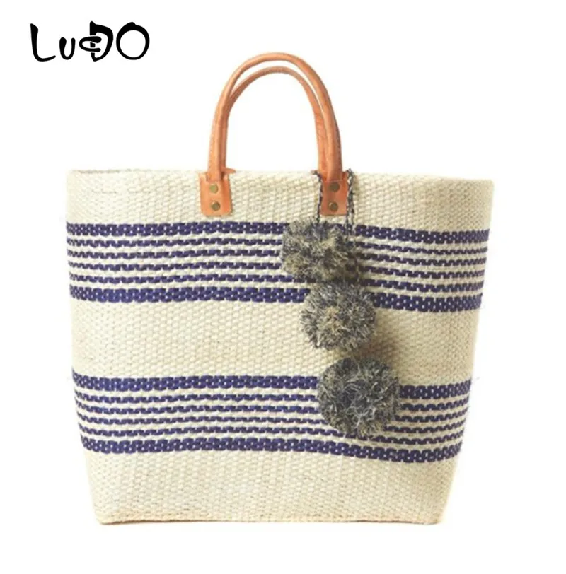 Woven Totes European and American Tide Style Handmade Bohemia Vacation Striped Pompom Straw Bag Ladies Handbag Summer Beach | Багаж и