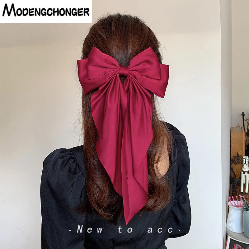 Solid Color Big Large Satin Bow Hairpins Barrettes For Women Girl Wedding Long Ribbon Korean Hair Clip Hairgrip Hair Accessories hair band for women